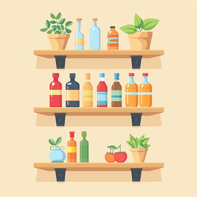uma coleção de prateleiras com garrafas de diferentes formas e tamanhos