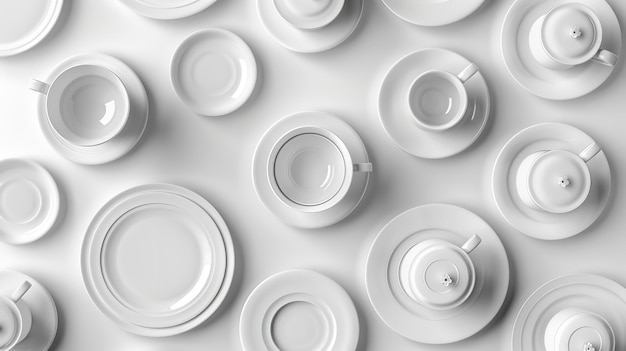 uma coleção de pratos e copos brancos com fundo branco