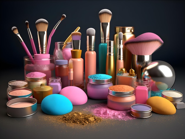 Uma coleção de produtos de maquiagem e acessórios cosméticos em fundo preto