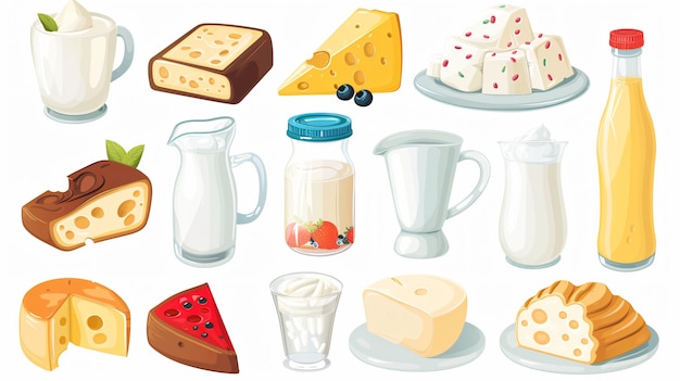 uma coleção de queijos, incluindo queijo, leite, queijo e leite