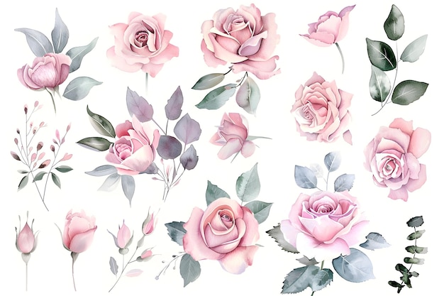 Foto uma coleção de rosas rosas com folhas e folhas