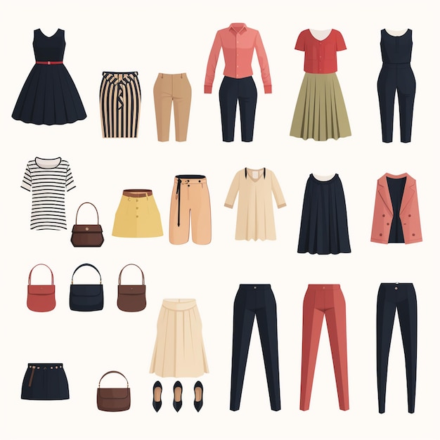 uma coleção de roupas, incluindo uma que diz moda