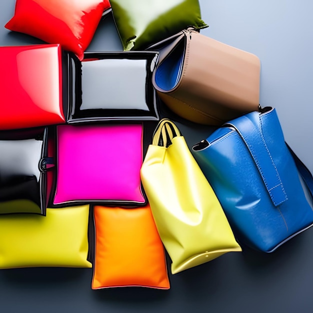 Uma coleção de sacolas coloridas está sobre uma mesa.