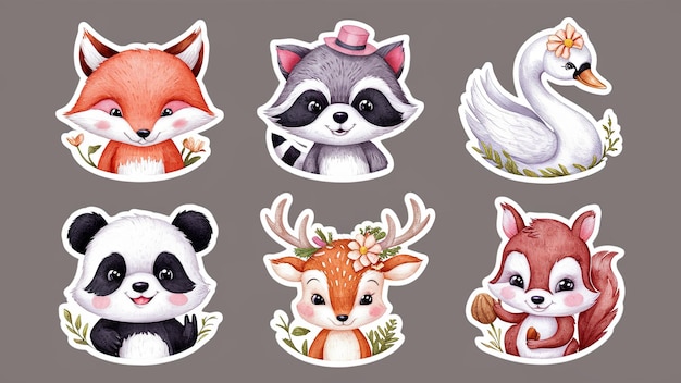 Foto uma coleção de seis adoráveis ilustrações de animais, incluindo uma raposa, um guaxinim, um cisne, um panda, um cervo e um esquilo.