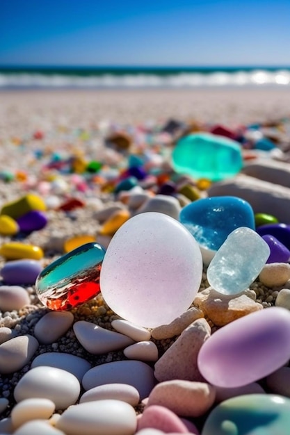 Uma coleção de seixos de vidro coloridos em uma praia.