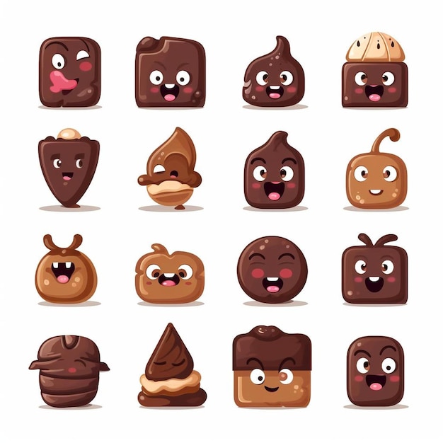 uma coleção de sobremesas de chocolate, incluindo uma com um rosto e outra com um sorriso.