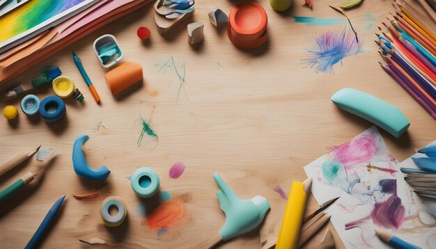 uma coleção de suprimentos de artesanato, incluindo um brinquedo e um lápis