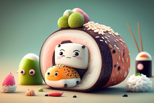 Uma coleção de sushi e sushi com um personagem de desenho animado