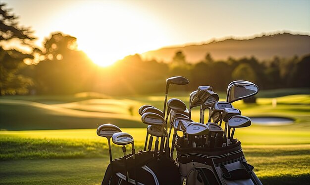 Uma coleção de tacos de golfe em um campo verde exuberante