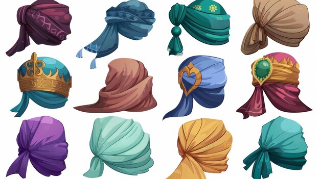 Uma coleção de turbantes e hijabs para mulheres e homens, chapéus orientais e indianos em uma variedade de cores, formas e padrões. Ilustração moderna de um lenço árabe para uma mulher.