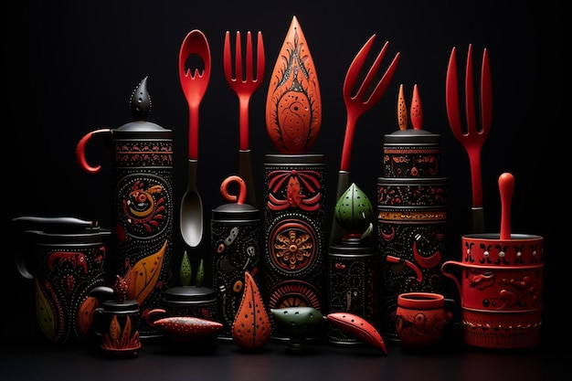 uma coleção de utensílios coloridos em preto e vermelho, incluindo uma colher vermelha e um fundo preto.