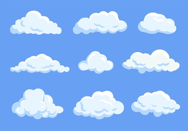 Uma coleção de várias nuvens fofinhas em um fundo azul mostrando diferentes formas e tamanhos Ilustração vetorial