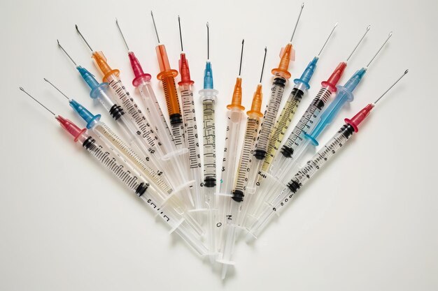 Foto uma coleção de vários instrumentos e ferramentas médicas dispostos em uma pilha de seringas dispostas na forma de um coração ai gerado