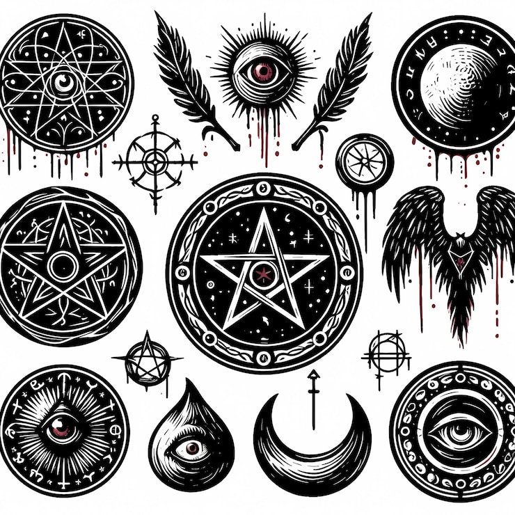 Foto uma coleção de vários símbolos, incluindo olhos, asas e as palavras "deus"