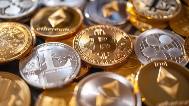 Uma coleção de vários tokens de criptomoeda, incluindo bitcoin e ethereum, exibidos juntos