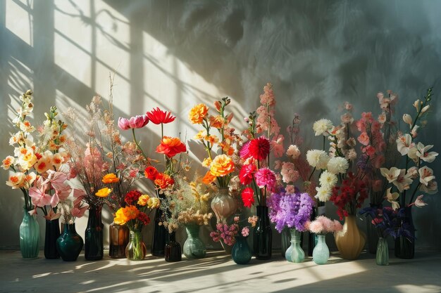 Uma coleção de vasos cheios de flores coloridas variadas dispostas em uma exibição vibrante uma série de buquês em vasos lançando sombras de sonho AI gerado