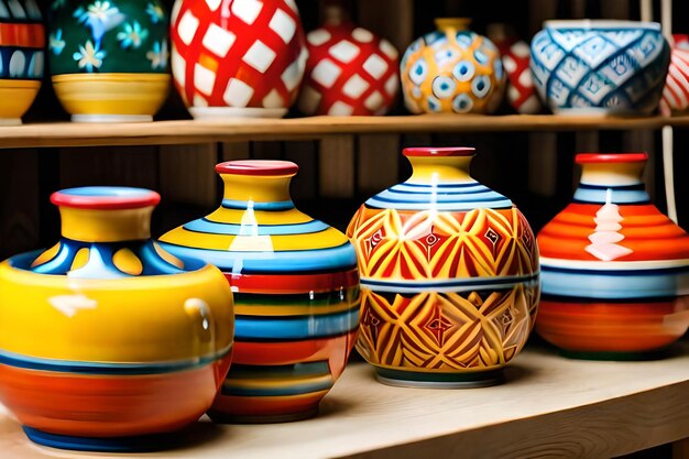 Uma coleção de vasos coloridos está em uma prateleira.