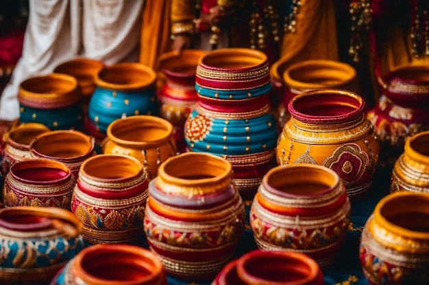uma coleção de vasos coloridos estão em uma mesa