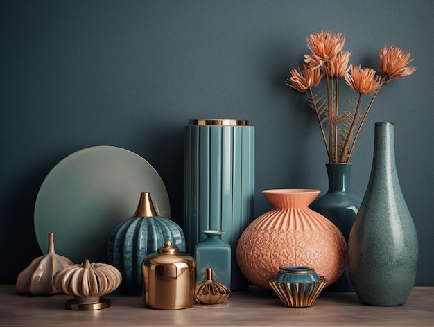 Uma coleção de vasos e vasos está sobre uma mesa com uma parede azul atrás deles.