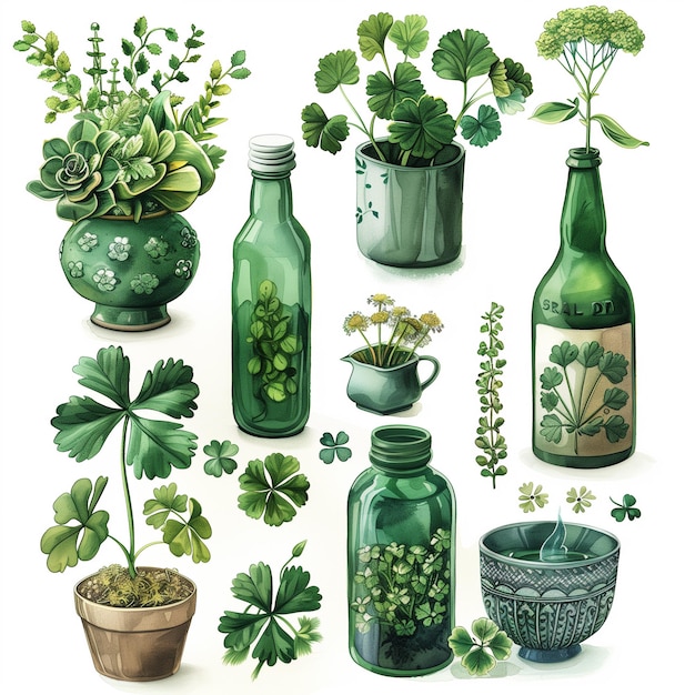 Uma coleção de vasos verdes cheios de várias plantas Dia de São Patrício