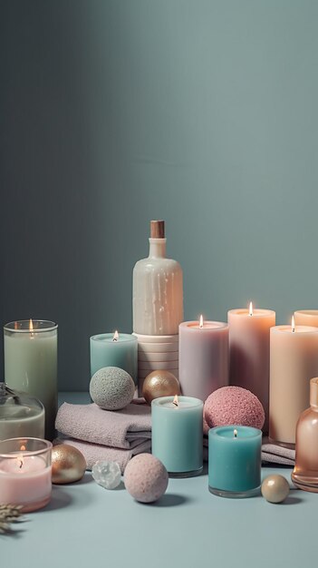 Uma coleção de velas com cores diferentes, incluindo uma que diz 'amor'
