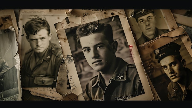 Foto uma coleção de velhas fotografias de jovens dos anos 40. talvez fossem soldados.