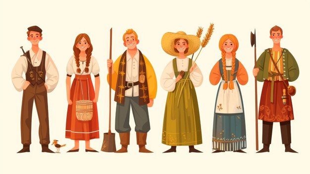 Foto uma coleção de vestidos humanos europeus medievais trajes de contos de fadas da idade média para meninas e camponeses isolados jovem fazendeiro histórico