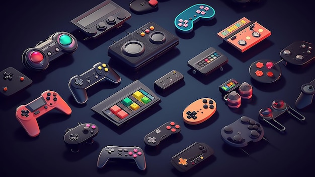 Uma coleção de videogames antigos, incluindo um deles com um controlador de jogo na parte superior.