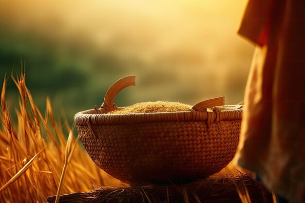 Uma colheitadeira é descoberta em uma cesta de pão pela manhã Colheita de trigo ao entardecer