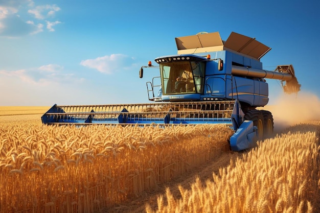 uma colheitadeira em um campo de trigo com um fundo de céu