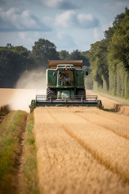 Uma colheitadeira está trabalhando em um campo de trigo.