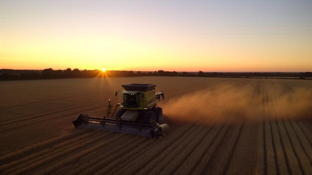 Uma colheitadeira trabalha em um campo ao pôr do sol.