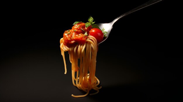 Uma colher cheia de espaguete com molho e manjericão