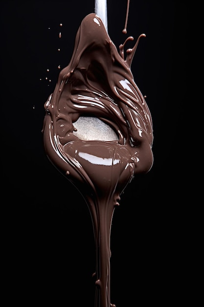 Uma colher cheia de glasura de chocolate sobre um fundo branco