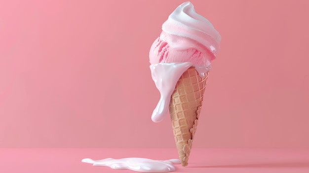 Uma colher de gelado derretido em um cone estilo d objetos voadores isolados estilo Memphis d renderização de ilustração gerada por IA