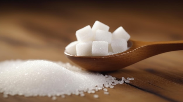 Uma colher de pau cheia de açúcar sobre uma mesa com uma pilha de açúcar espalhada sobre ela.