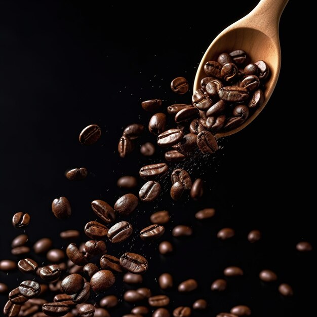 Uma colher de pau despejando grãos de café em uma colher de pau.