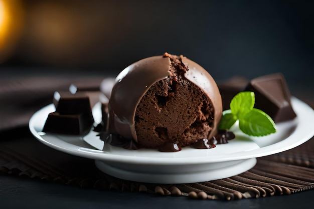 Uma colher de sorvete de chocolate coberta de chocolate em um prato com pedaços de chocolate ao redor