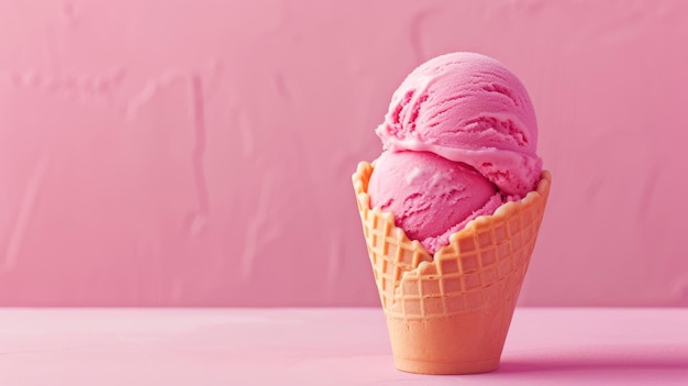 Foto uma colher de sorvete rosa em um cone de waffle contra um fundo rosa correspondente