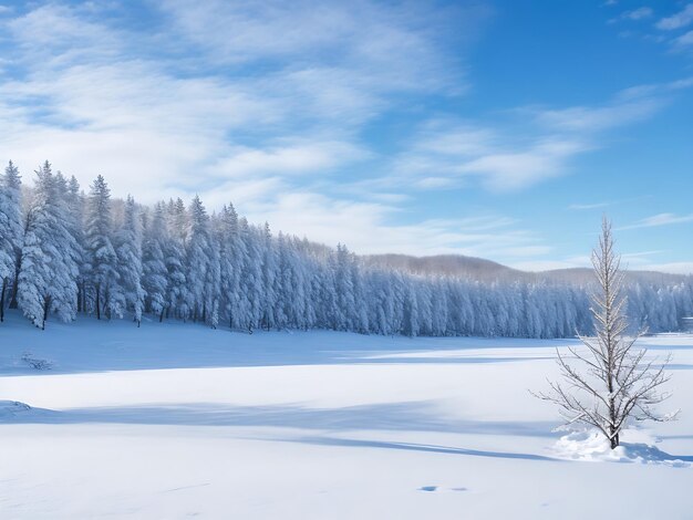 Uma colina coberta de neve e uma área de floresta abaixo de uma visão elevada de uma paisagem de inverno