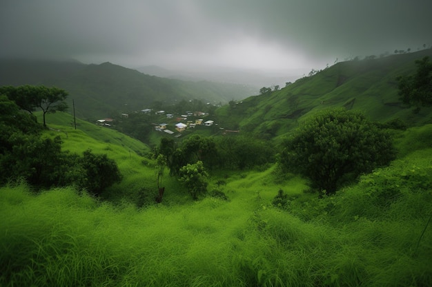 Uma colina verde com uma pequena cidade ao longe