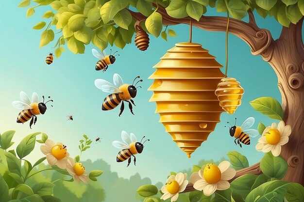 Foto uma colmeia pendurada em um galho doces abelhas voando ilustração 3d