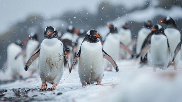 Foto uma colônia de pinguins fazendo o seu caminho através de uma paisagem gelada desafiando ventos duros e traiçoeiros