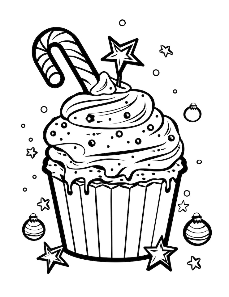 Foto uma coloração de cupcake de natal preto e branco feliz feriado página de coloração ilustração vetorial