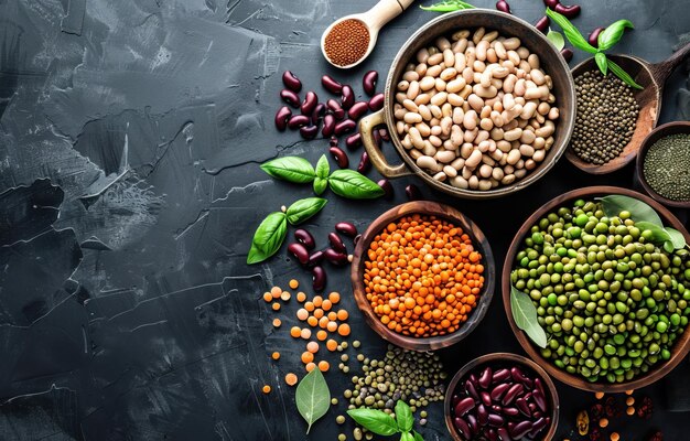 Uma coloração nutritiva colorida de feijões e leguminosas central para uma dieta baseada em plantas