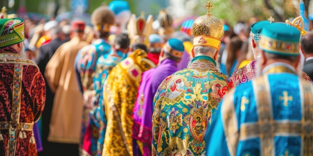 Uma colorida procissão de clérigos e paroquianos durante uma festa religiosa