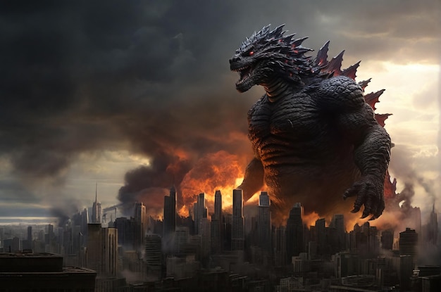 Uma colossal nuvem de Godzilla paira sobre a cidade.