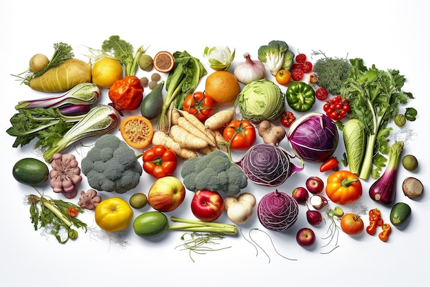 Uma combinação de frutas e legumes frescos para fotografia com efeito de estufaxAxA