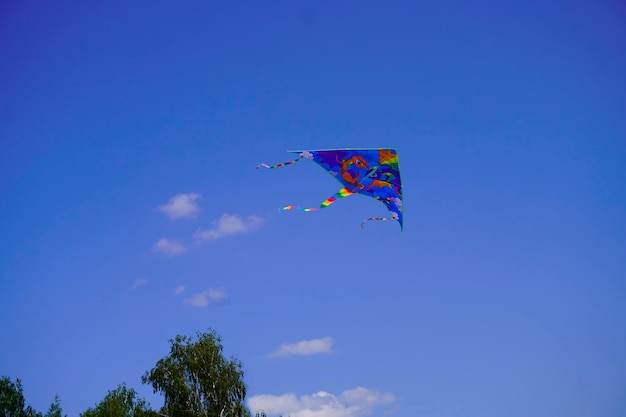 Uma cometa voa no céu azul