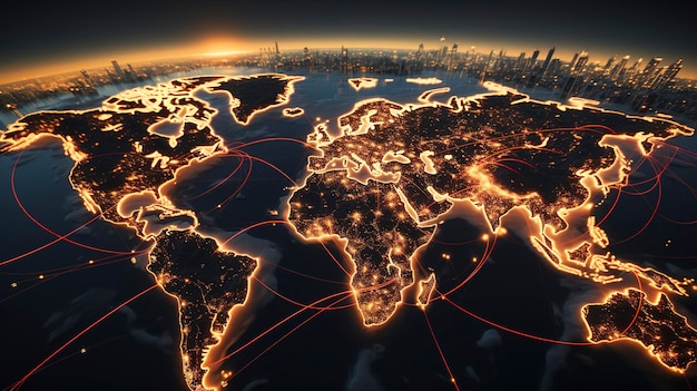 Uma composição com um mapa com rotas comerciais e marítimas destacadas